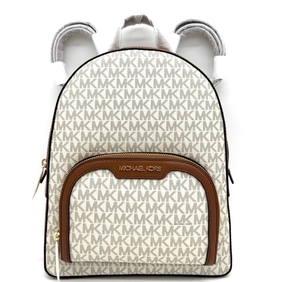 Michael Kors Medium Jaycee Zip Pocket Logo Backpack Vanilla/Brown